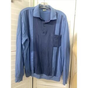 Vintage Blue Haband Cotton Knit Long Sleeve Polo Shirt Banded Waist Size Large